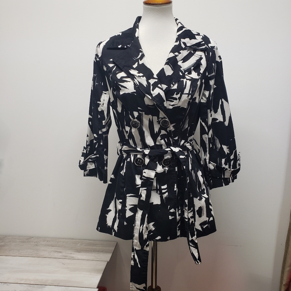 Heart Soul Abstract Print Belted Trench Coat Jacket XL Blk/White Double Breasted